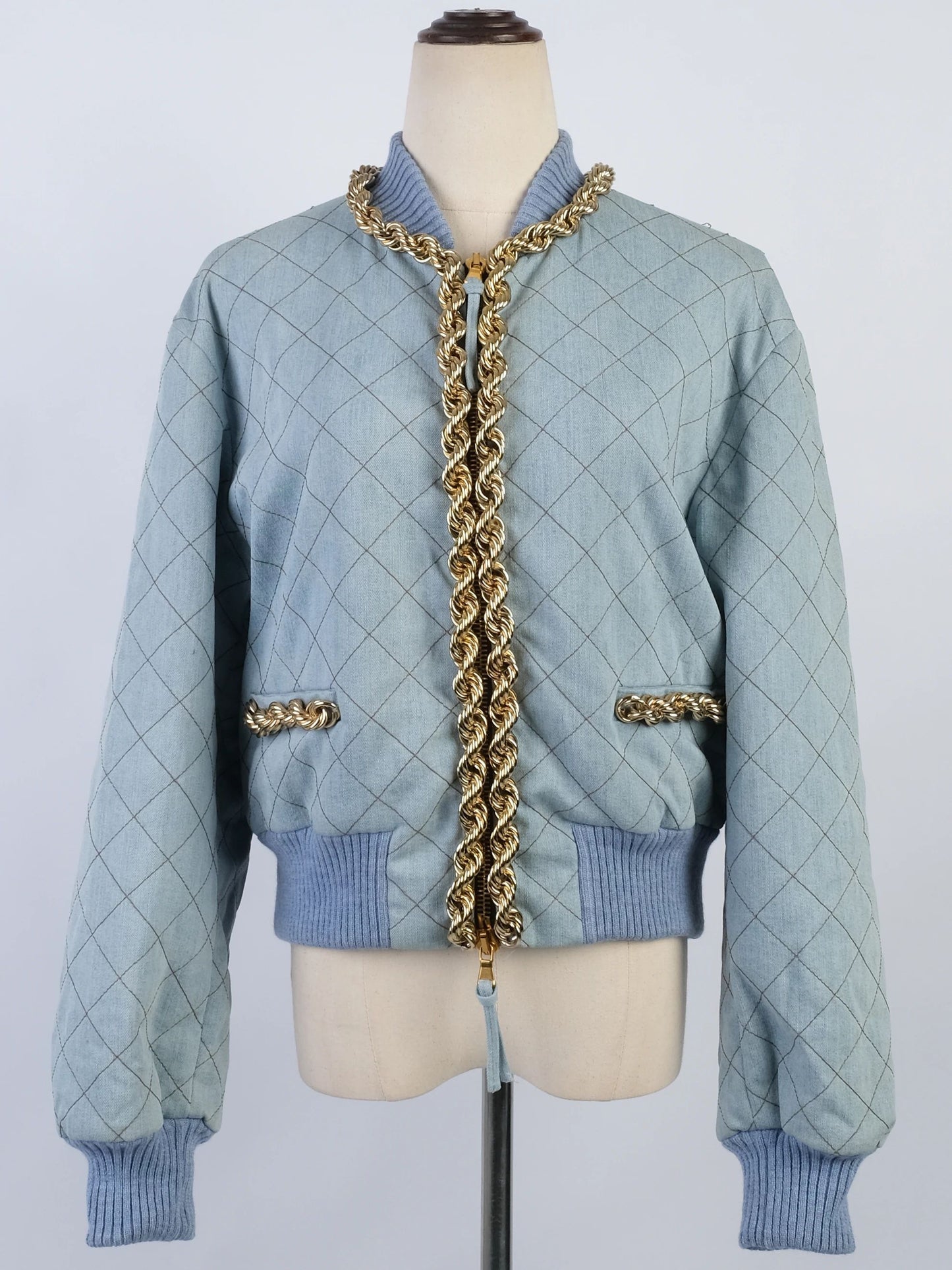 excellent moschino blue quilted denim jacket & skirt set