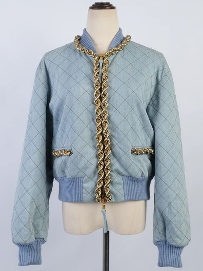 Excellent Moschino Blue Quilted Denim Jacket & Skirt Set