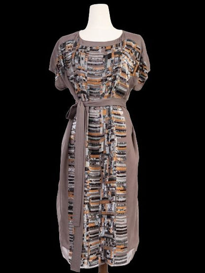 Excellent Nicole Farhi Brown Silk Dress with Sequins Size M