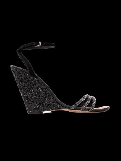 Sebastian Black Leather Wedge Sandals with Glitter Size 37