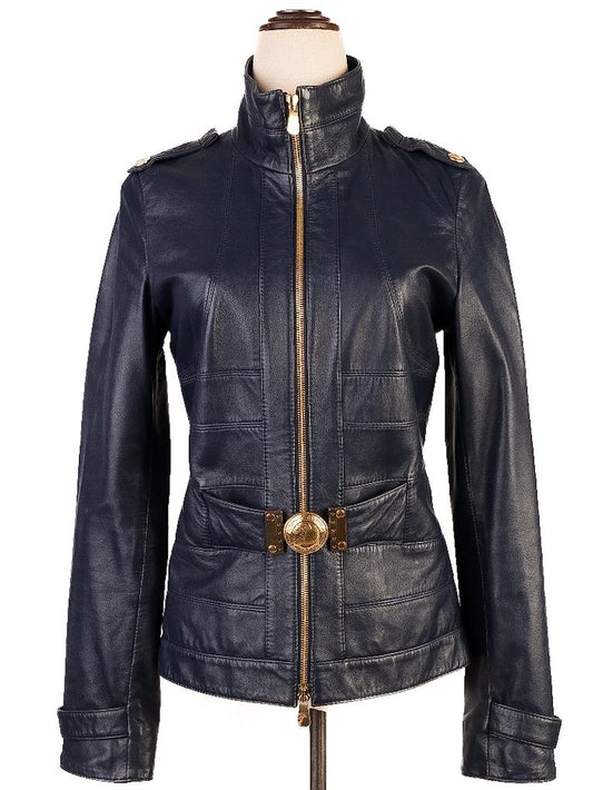 Versace Blue Leather Jacket Women Size XS Excellent Condition