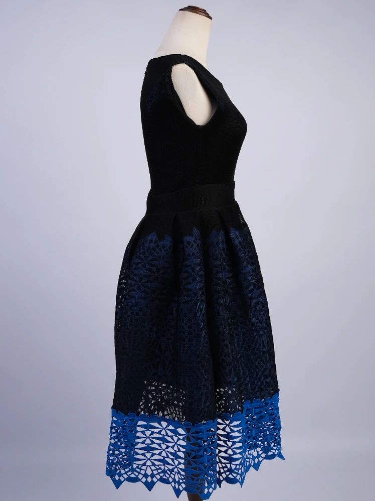 new maje blue lace dress xs sleeveless fitted flared skirt
