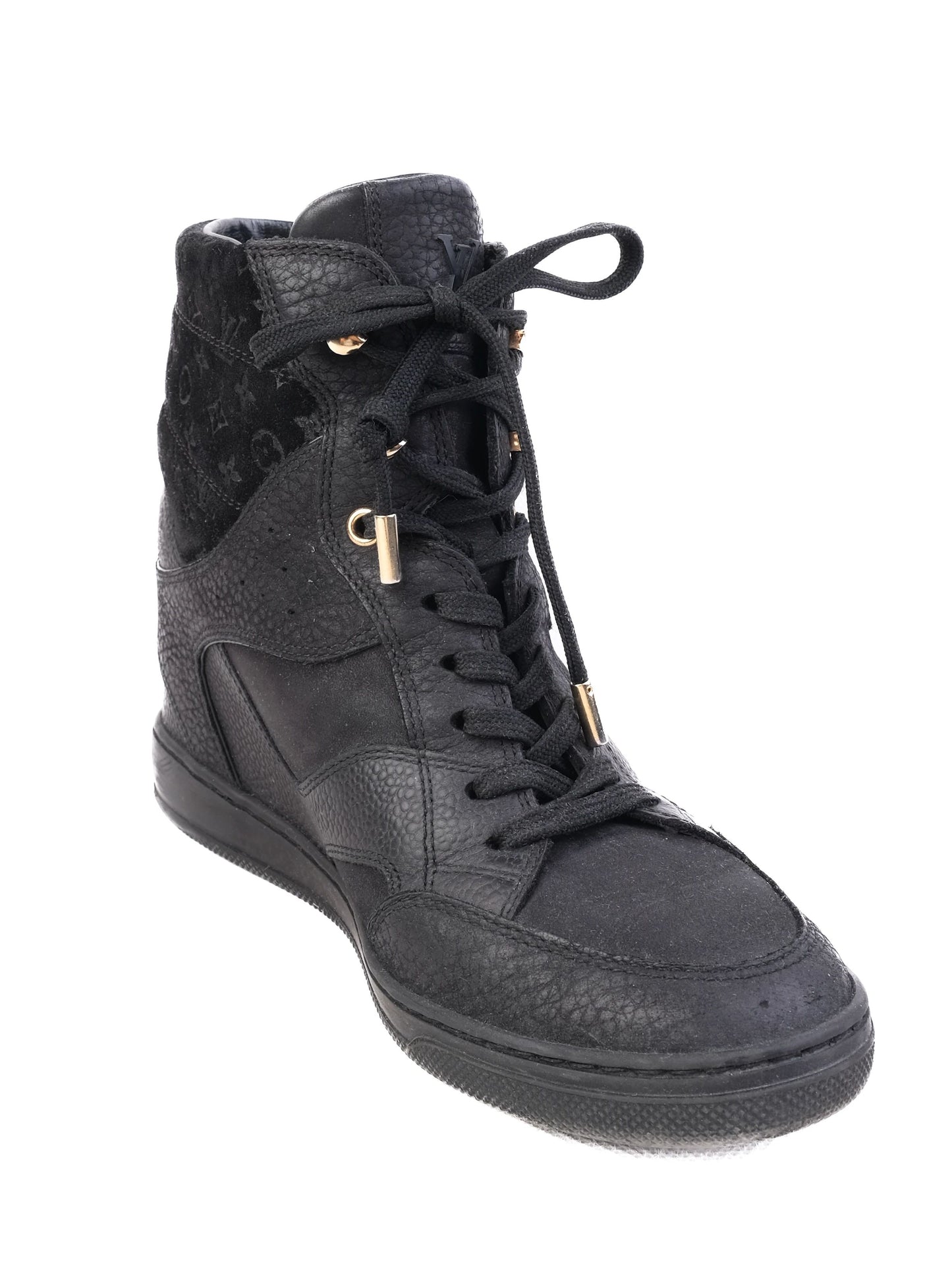 excellent louis vuitton black leather high-top sneakers size 37