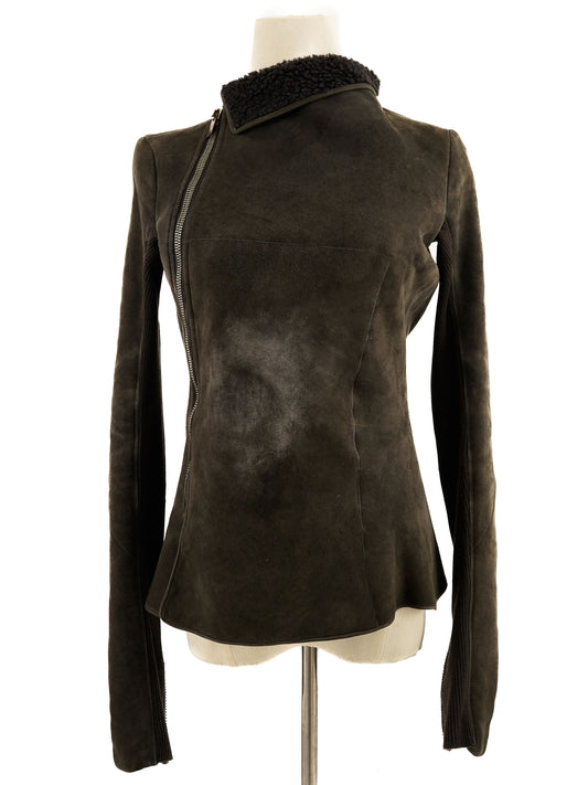 Excellent Rick Owens Gray Leather Jacket Size M with Shearling Collar
