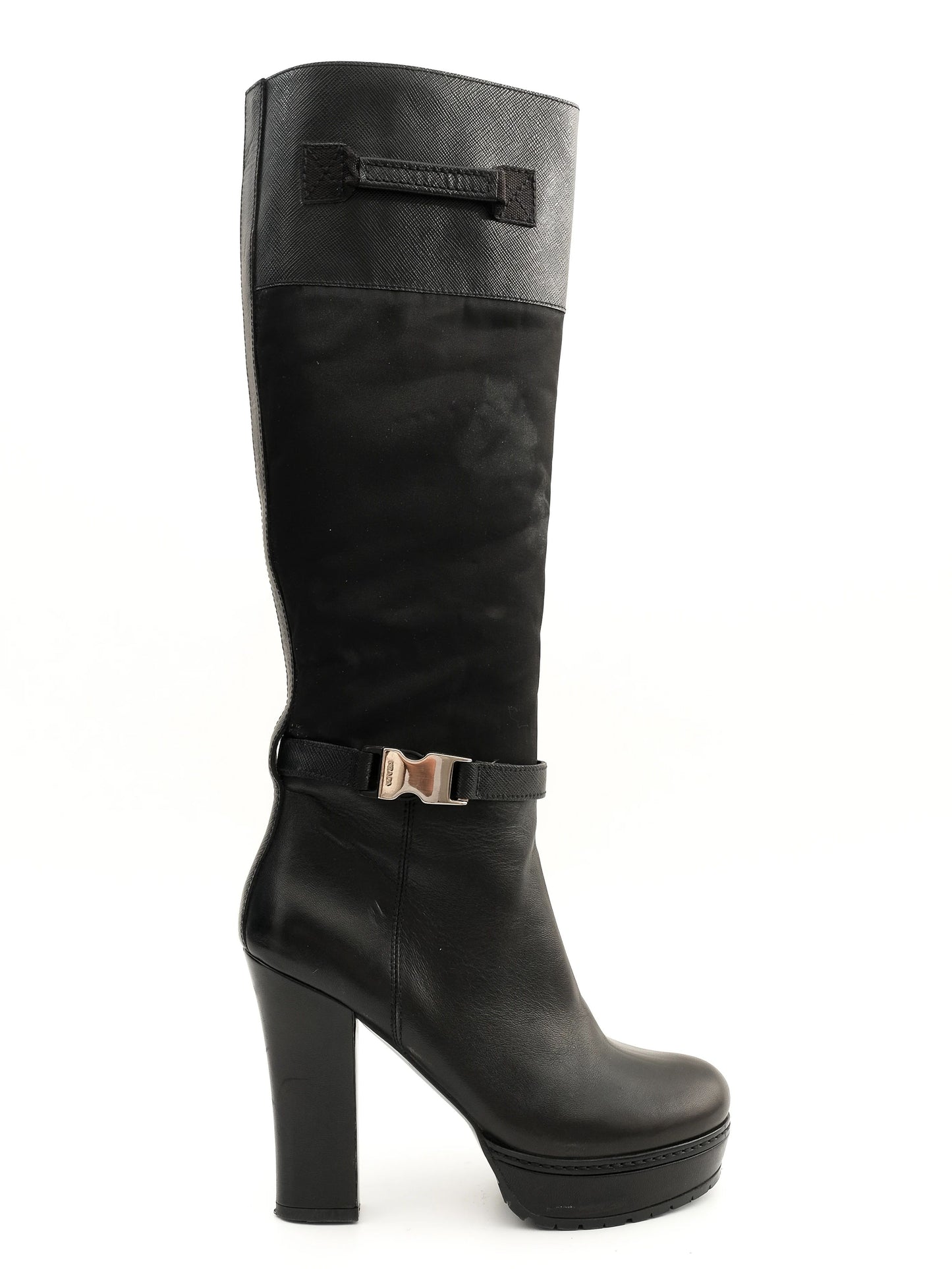 excellent prada black leather heeled knee-high boots size 35.5