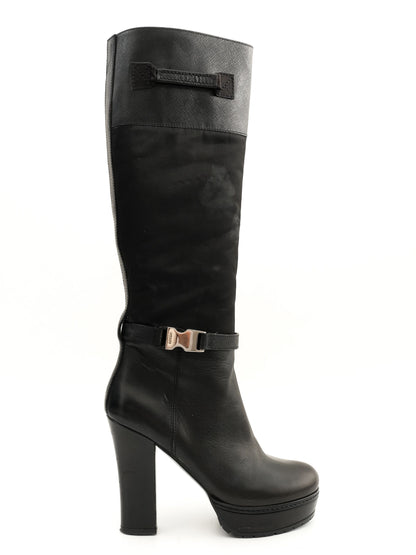 Excellent Prada Black Leather Heeled Knee-High Boots Size 35.5