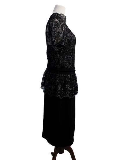 Excellent Clips Black Lace Dress XL Floral Overlay Peplum Waist