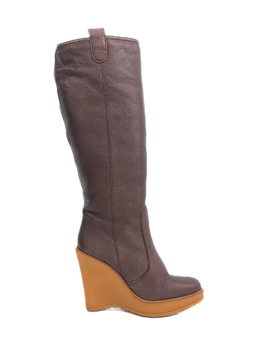 Bally Orange Leather Knee-High Boots Size 37 with Wedge Heel