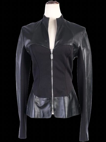 excellent versus black leather jacket with fabric accents size l