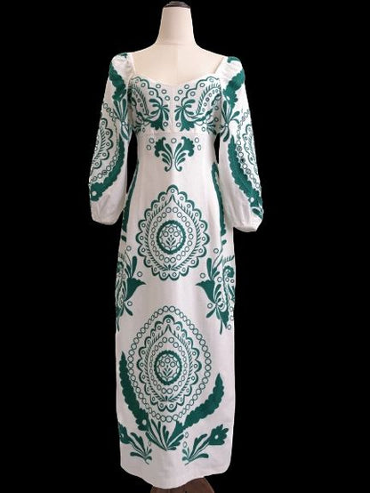 NEW Uterque Long White Dress Green Patterns Size S