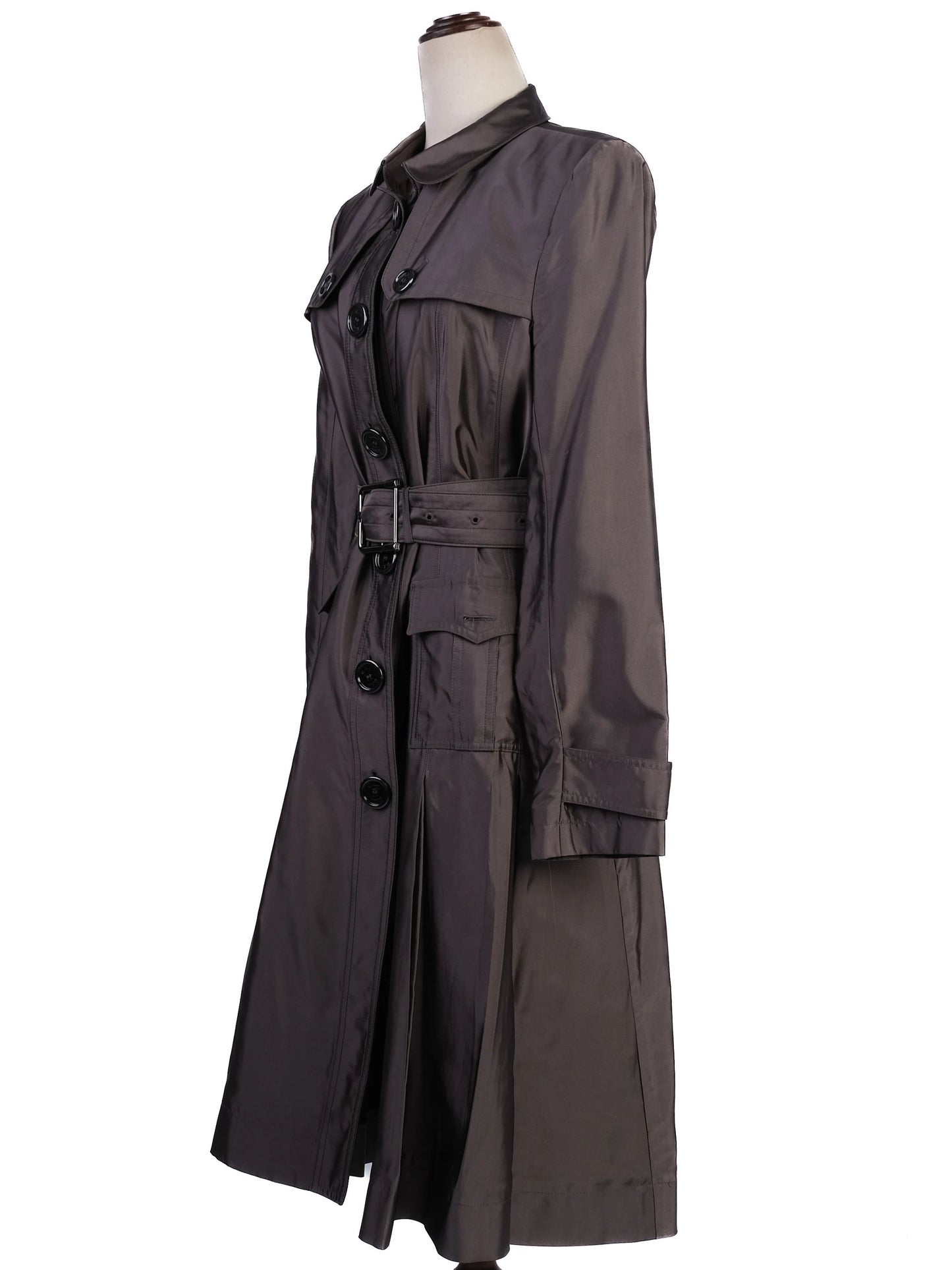 excellent burberry gray silk trench coat with belted waist
