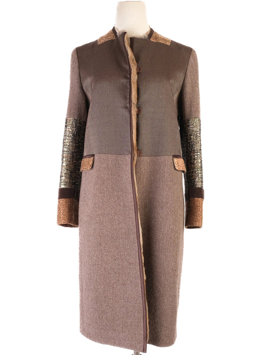 Excellent Etro Patchwork Wool Coat with Fur Trim Size XS