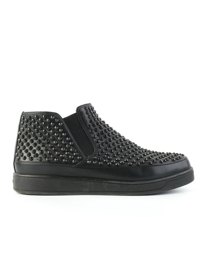 Good Prada Black Leather Slip-On High-Top Sneakers Size 38 with Studs