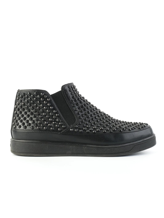 Good Prada Black Leather Slip-On High-Top Sneakers Size 38 with Studs