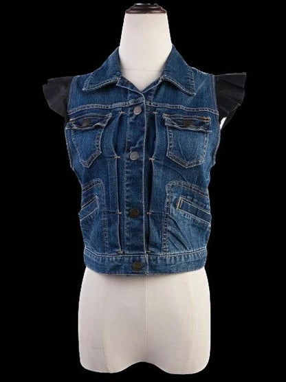 Excellent Juicy Couture Blue Denim Vest Size S with Ruffled Details
