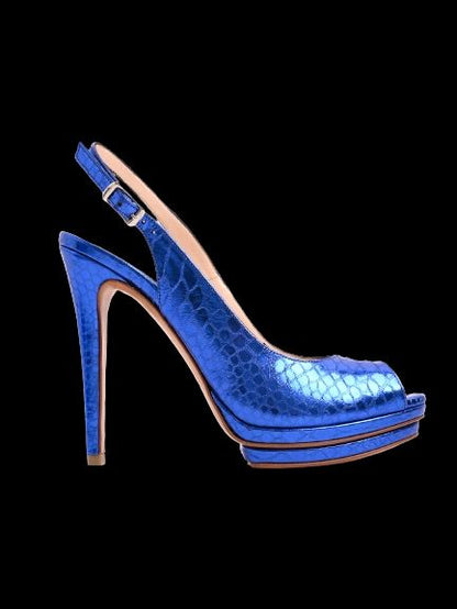 Excellent Albano Blue Leather Slingback Peep-Toe Pumps Size 38