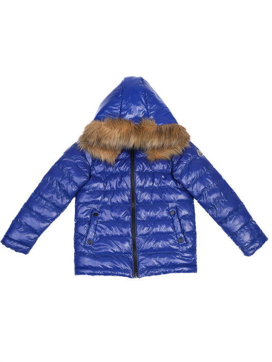 Excellent Moncler Blue Puffer Jacket with Fur-Lined Hood for Kids Size 11