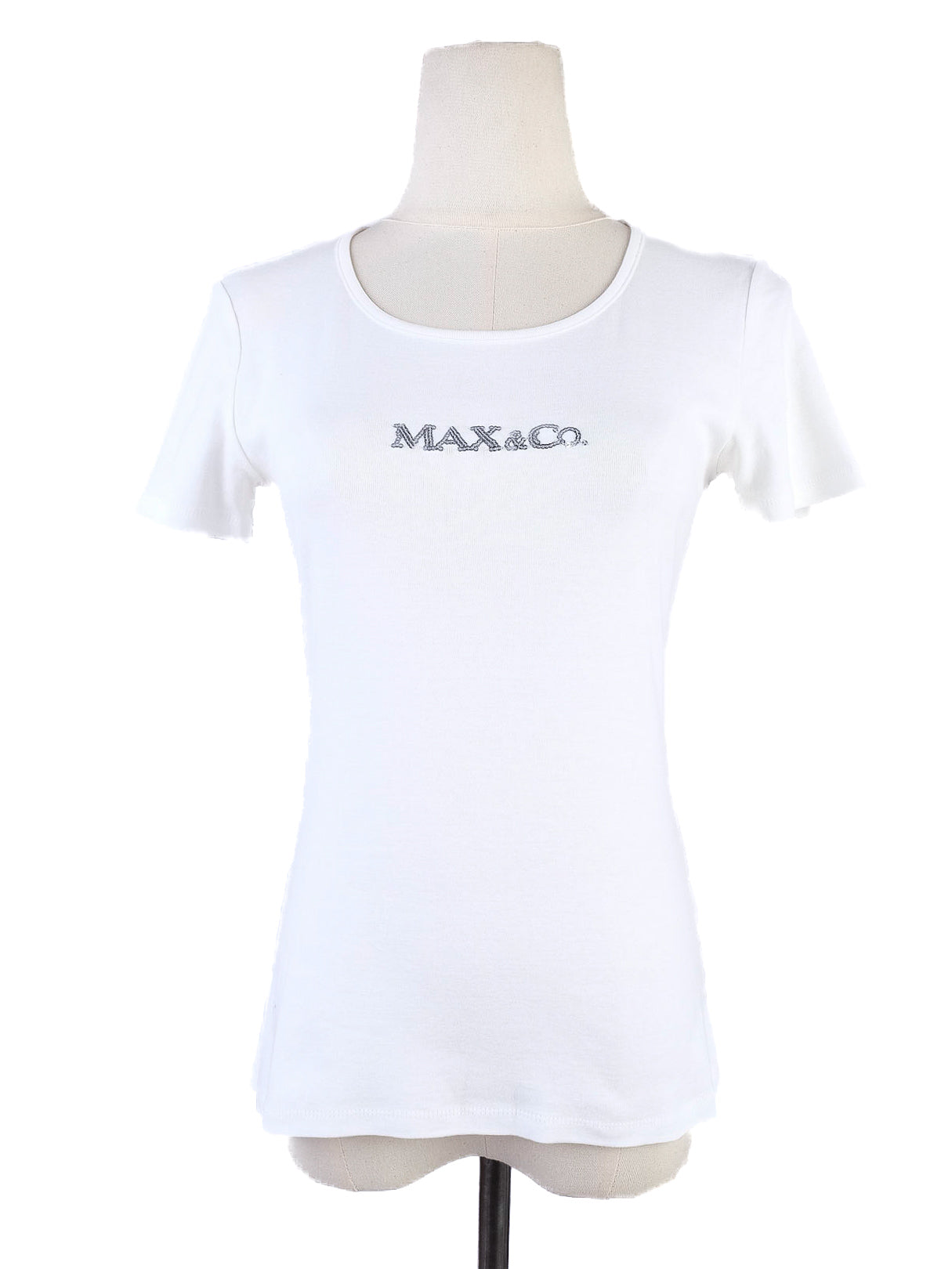 excellent maxco white cotton t-shirt size xs with decorative print