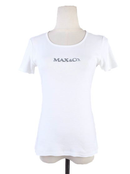 EXCELLENT MaxCo White Cotton T-Shirt Size XS with Decorative Print