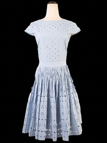 Excellent Moschino Light Blue Dress M Polyester Eyelet Pleated Skirt