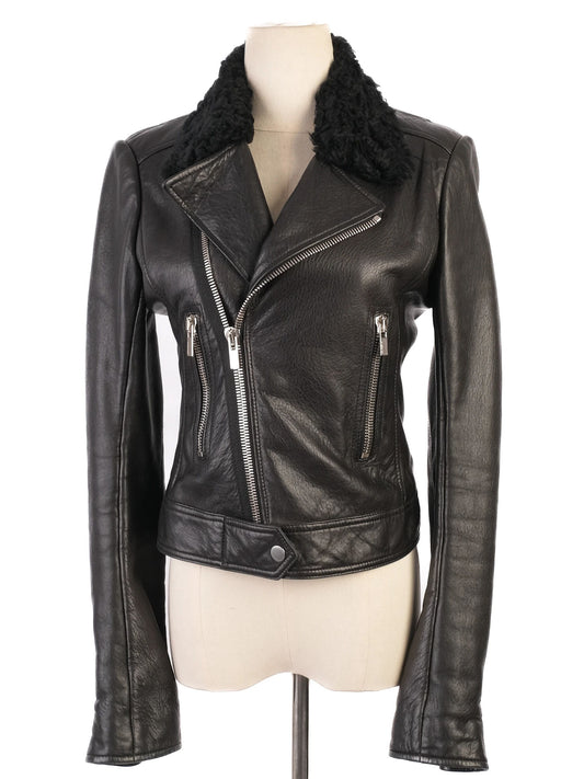 Excellent Balenciaga Black Leather Jacket with Shearling Collar, Size S