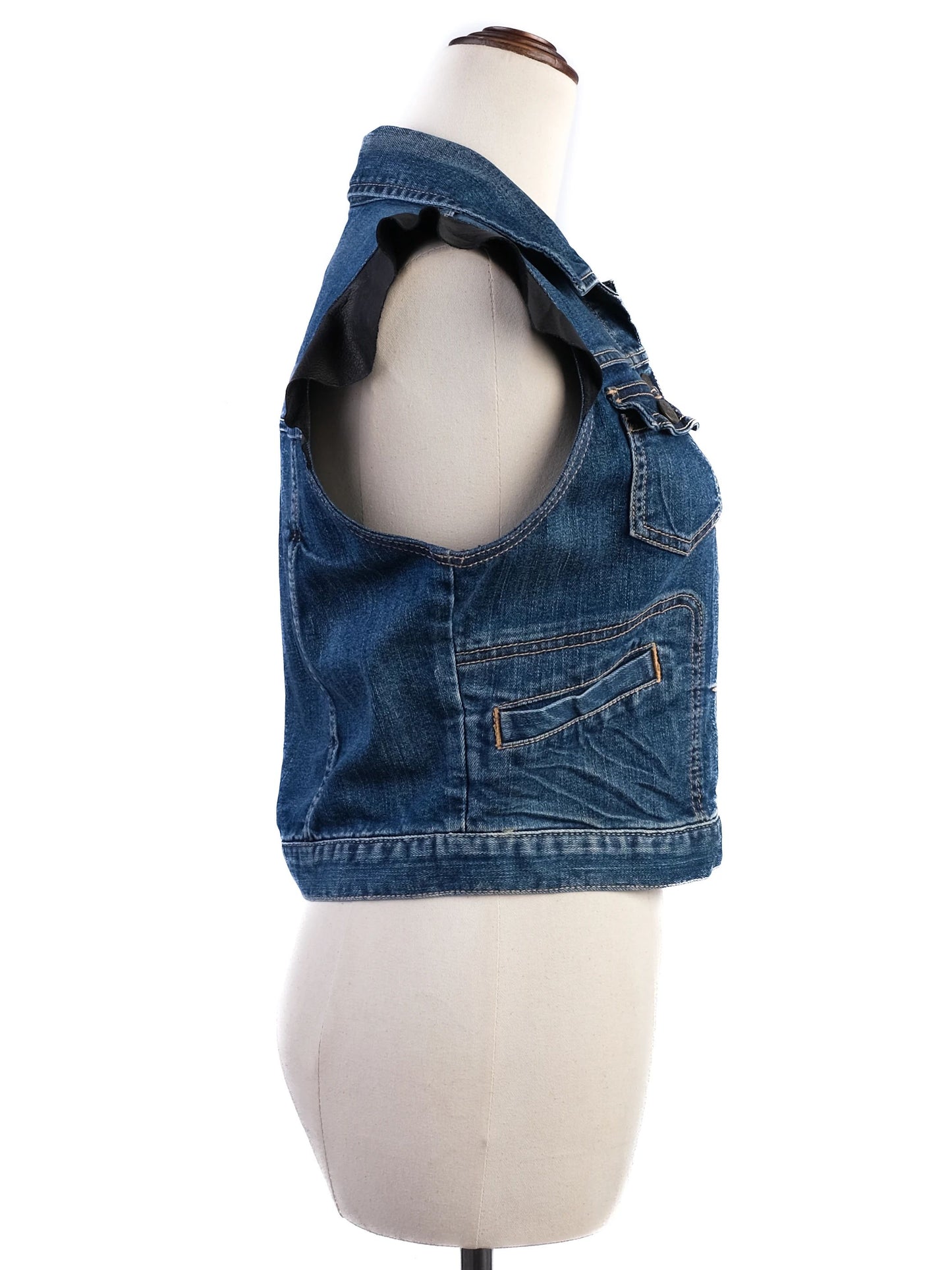 excellent juicy couture blue denim vest size s with ruffled details