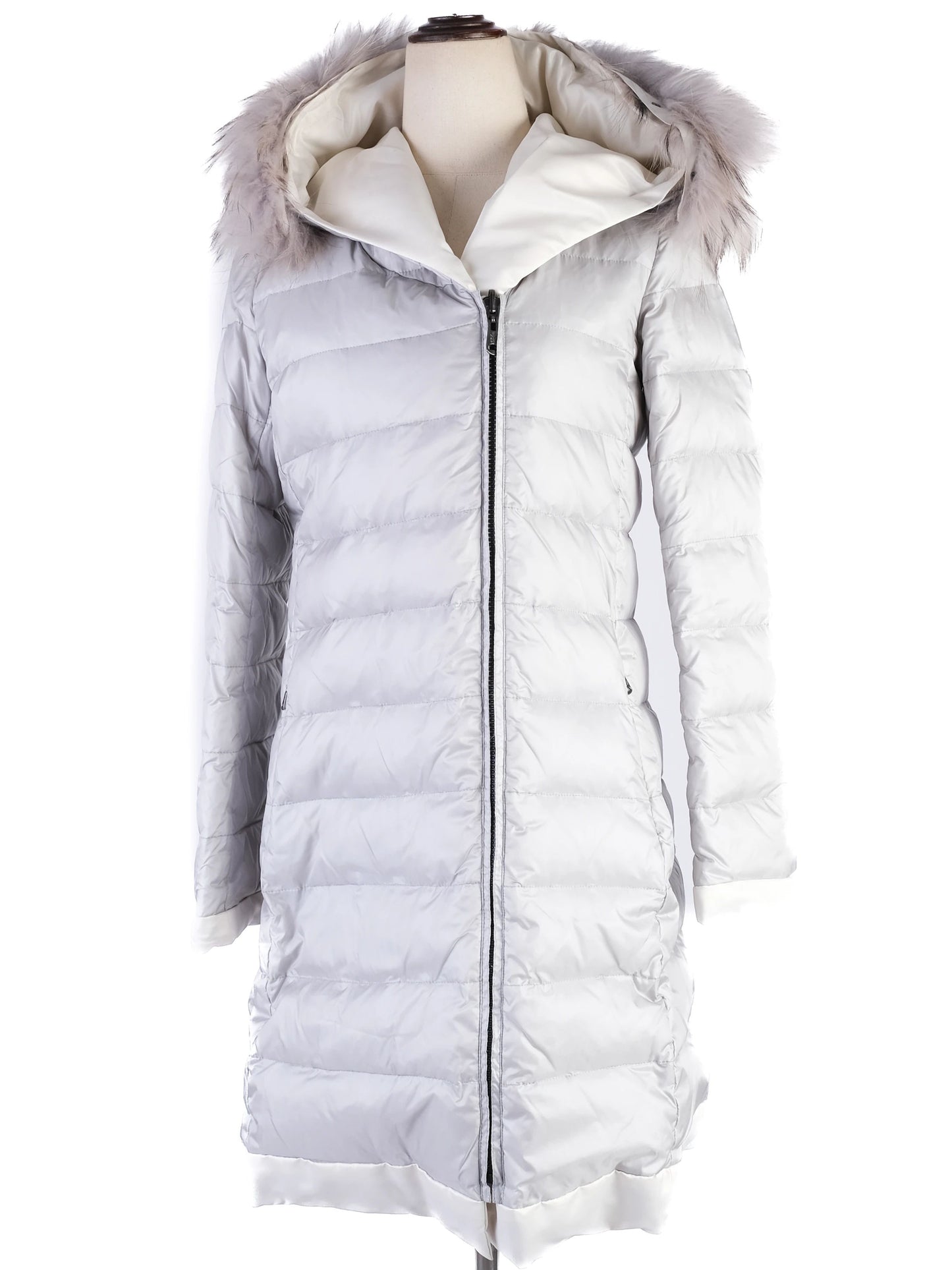 max mara gray padded winter coat with fur-lined hood size m