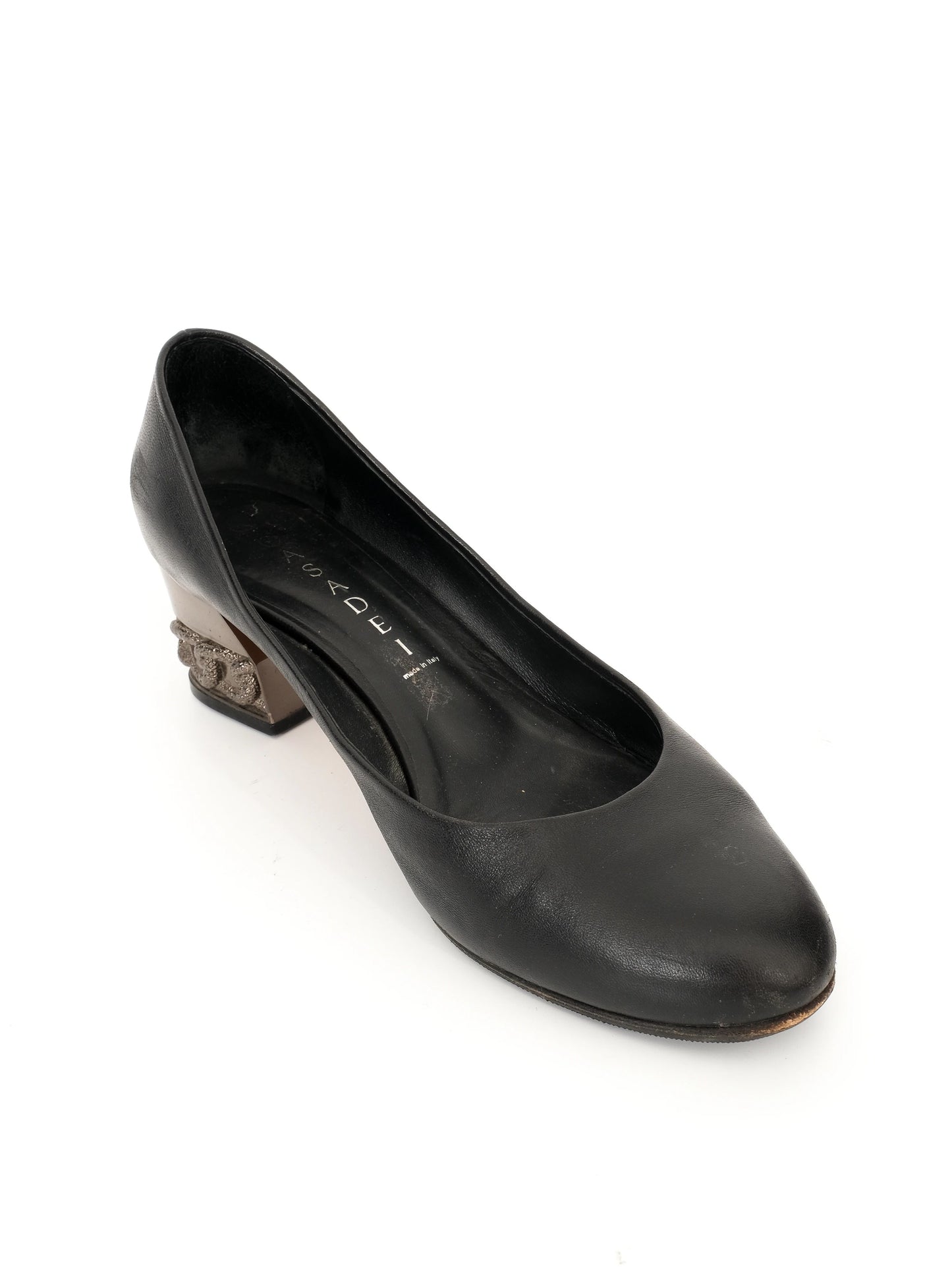 excellent casadei black leather heels with metallic block heel size 36.5