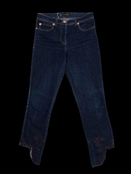 versace women's dark blue jeans with lace embroidery size s