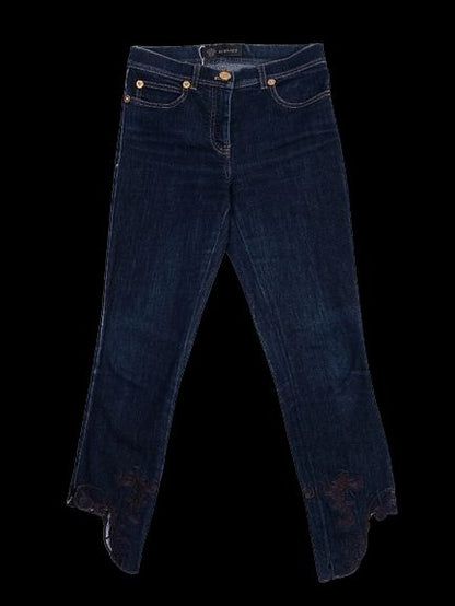 Versace Women's Dark Blue Jeans with Lace Embroidery Size S
