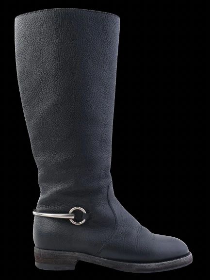 excellent gucci black leather knee-high boots with silver buckle detail