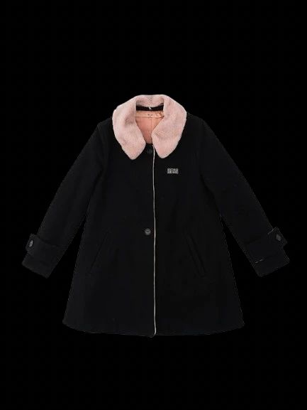excellent n21 black wool coat with pink faux fur collar, size xl