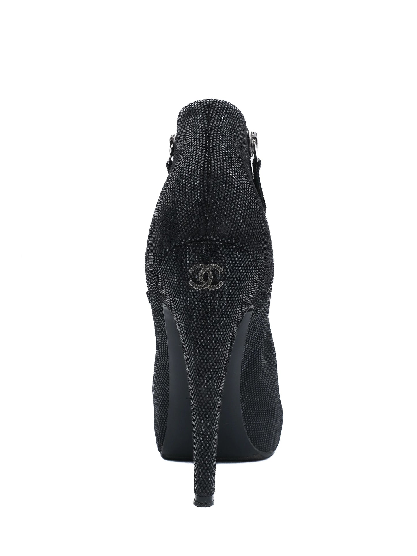 excellent chanel black high-heeled ankle boots size 38.5 textile