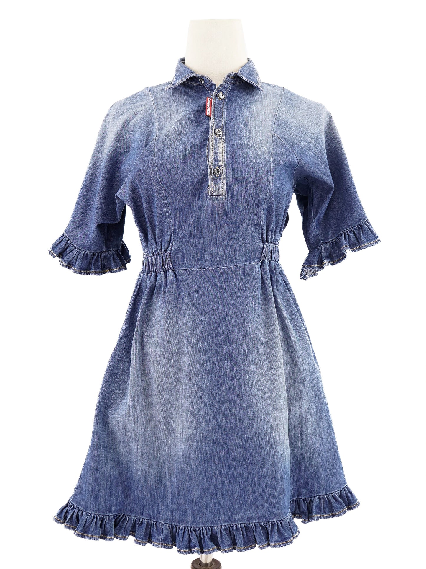 excellent dsquared2 blue denim dress size 12 with ruffled details