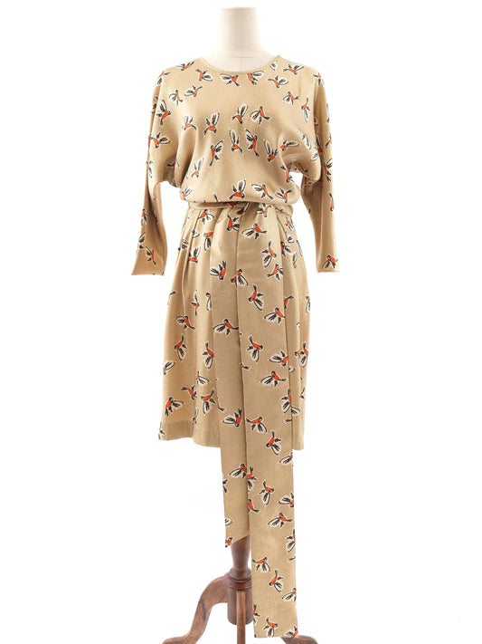 Excellent Alexander Terekhov Yellow Silk Dress with Bird Pattern