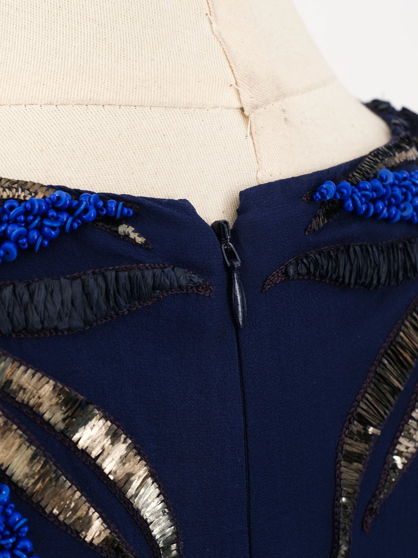 excellent dark blue silk gown with floral embellishments