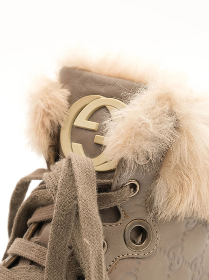 Excellent Gucci Gray Leather High-Top Sneakers with Fur Lining, Size 37