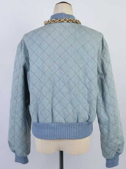Excellent Moschino Blue Quilted Denim Jacket & Skirt Set