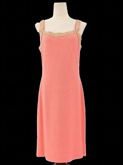 Excellent St. John Pink Wool Sleeveless Dress Size L with Gold Details