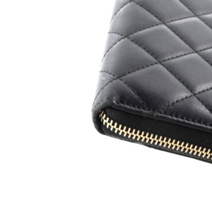 Zip Around Wallet With Pearl Chain Quilted Lambskin Long
