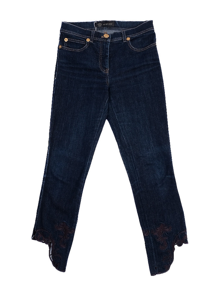 versace women's dark blue jeans with lace embroidery size s