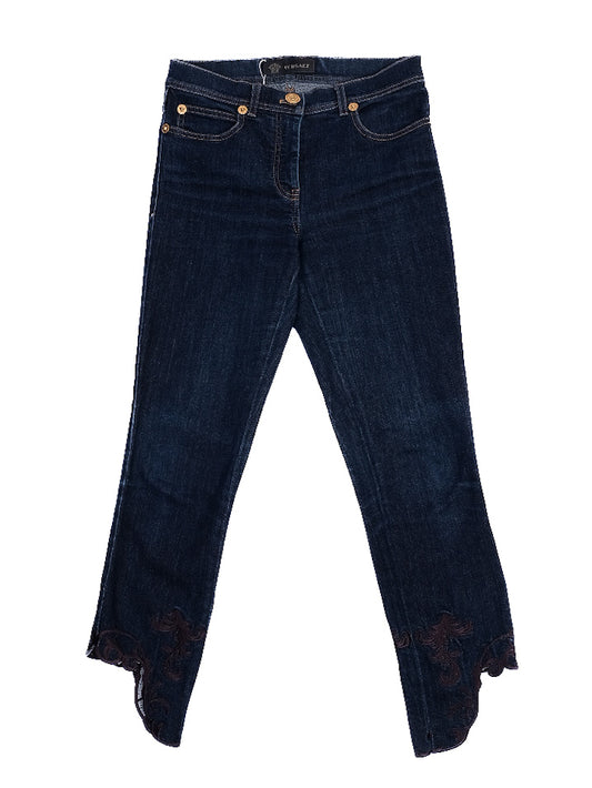 Versace Women's Dark Blue Jeans with Lace Embroidery Size S