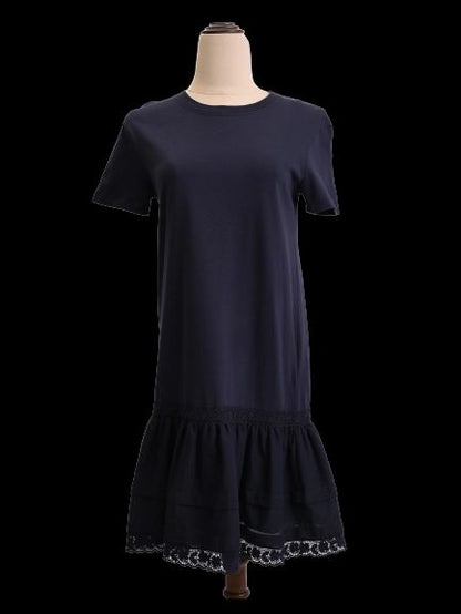 NEW Valentino Navy Blue Cotton Dress XS with Lacy Hem