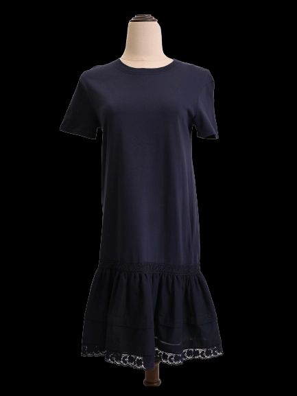 NEW Valentino Navy Blue Cotton Dress XS with Lacy Hem