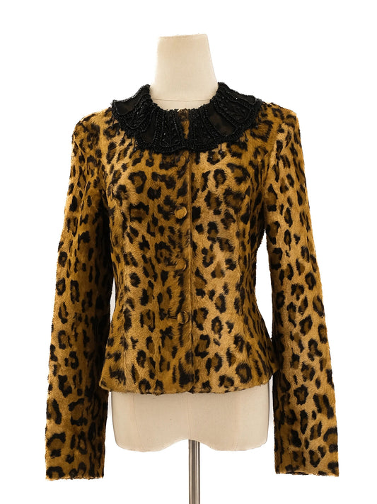 Excellent Blumarine Leopard Print Jacket with Beaded Collar, Size XS