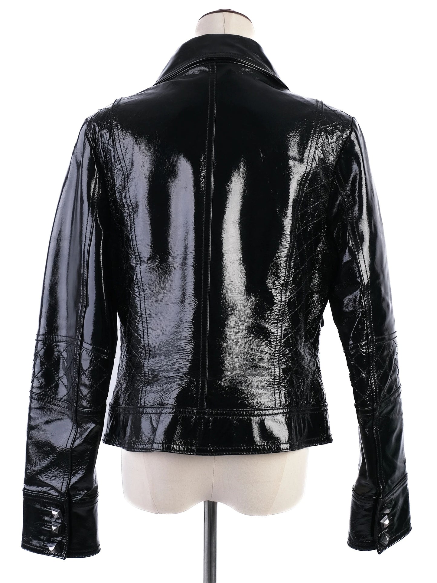 excellent roccobarocco black leather jacket size l with quilted detailing