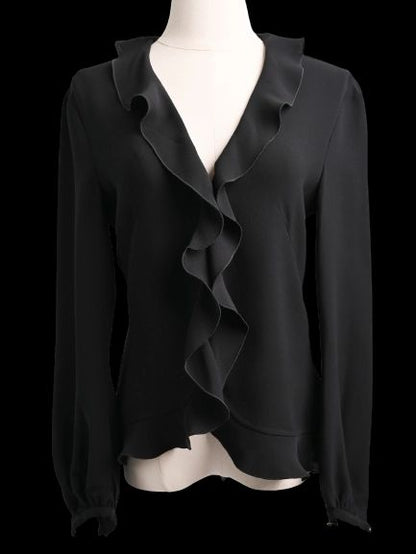 Excellent Escada Black Silk Blouse XXS with Ruffled Detail