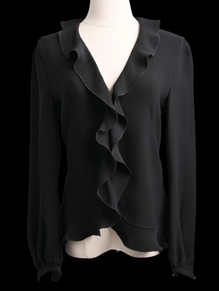 Excellent Escada Black Silk Blouse XXS with Ruffled Detail