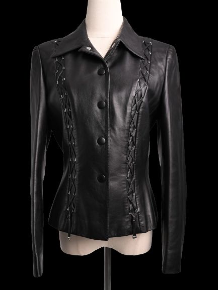 Good Escada Black Leather Jacket Size M with Lacing Details