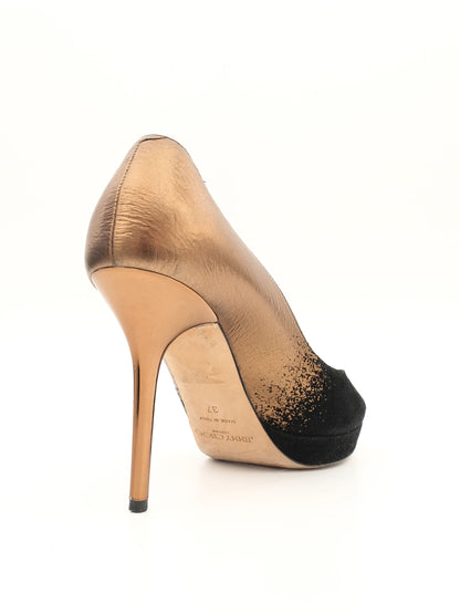 Jimmy Choo High-Heeled Shoes Black Gold Leather Size 37 Excellent